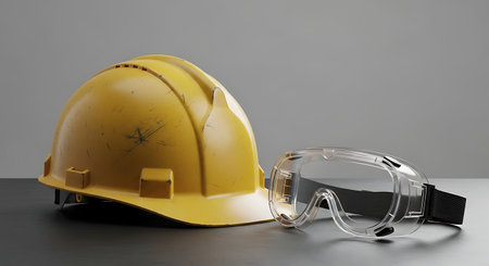 Hard hat and goggles on a grey background. 3d illustration.の素材