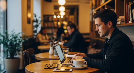 Young man working on laptop and drinking coffee in coffee shop, side viewの素材