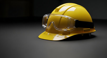 Yellow hard hat and goggles on dark background. 3d illustration.の素材