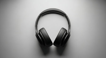 Headphones on a gray background. 3D rendering. Computer digital drawing.の素材