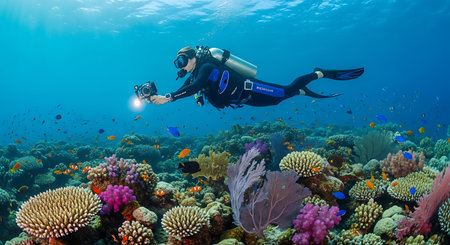 Scuba diver and colorful tropical coral reef in the Red Sea.の素材