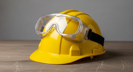 Safety helmet and goggles on a wooden table. Close-up.の素材