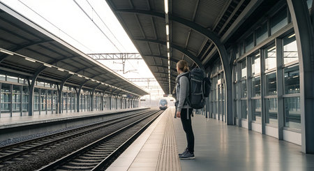 Young woman with backpack waiting for the train at the station platform.の素材