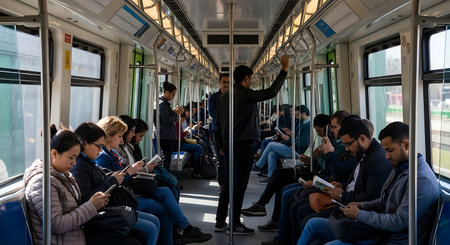 Passengers inside of Mass Rapid Transit (MRT) train. MRT is a rapid transit system in Kuala Lumpur, Malaysia.の素材