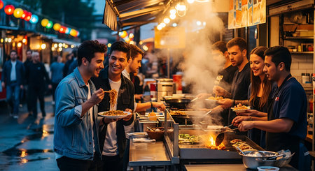 Group of friends having a barbecue party in a street food market.の素材