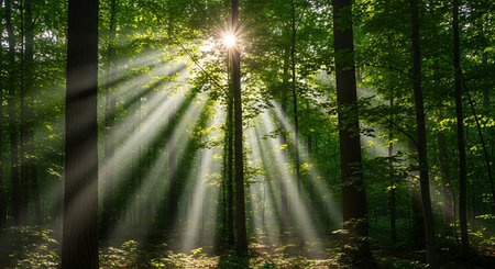 Morning in the forest with sunbeams through the branches of treesの素材