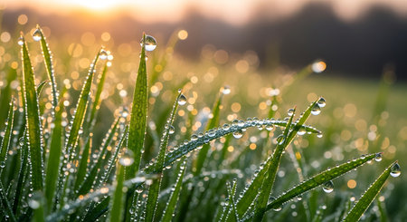 Fresh grass with dew drops close up. Beautiful nature background.の素材