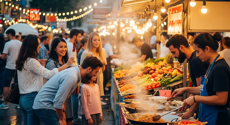 Unidentified people eating and drinking at street food market in Bangkok, Thailand.の素材
