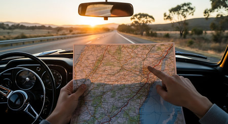 Woman reading a map while driving a car on a highway at sunsetの素材