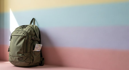 Green backpack with a passport on the background of the wall. Travel conceptの素材