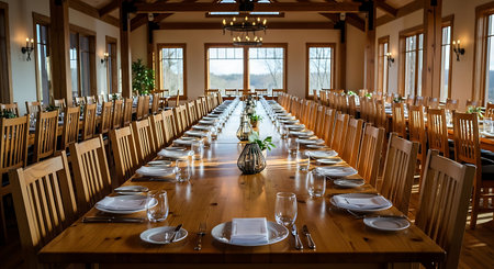 Interior of a restaurant with tables and chairs for a wedding receptionの素材