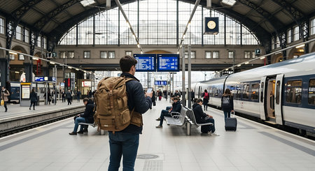 People wait for the train at Frankfurt Hauptbahnhof. Frankfurt Hauptbahnhof is the main railway station in Frankfurt, Germany.の素材