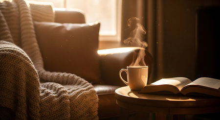 Cup of coffee and book on wooden table in cozy living roomの素材