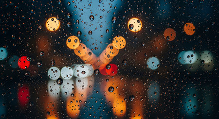 rain drop on glass with city light bokeh background, abstractの素材
