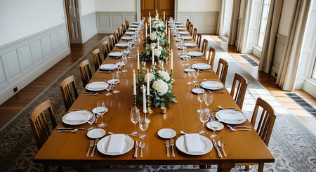 Table set for an event party or wedding reception in a luxurious restaurantの素材