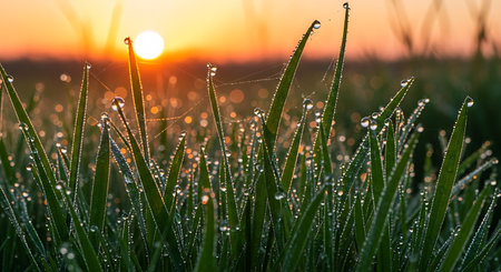 Morning dew on the grass in the rays of the setting sunの素材