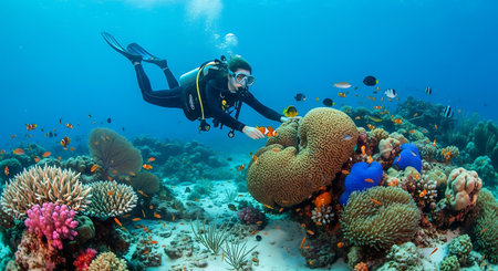 Scuba diver on a colorful tropical coral reef with fishes and coralsの素材
