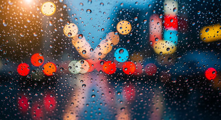 Rain drops on car glass with bokeh light background, rainy dayの素材