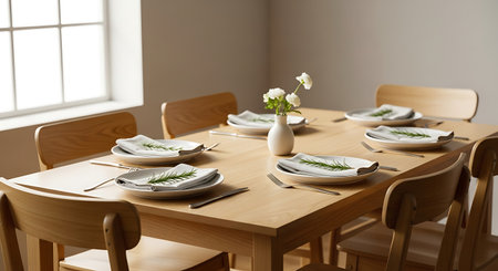 dining table with vase and cutlery, 3d renderの素材