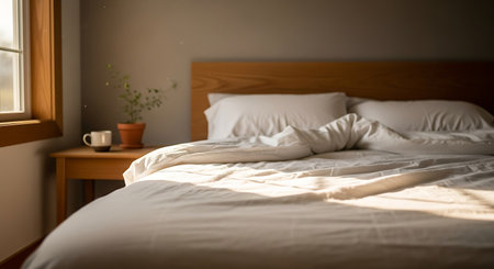 Close up of a single bed in a hotel room with morning sunlightの素材