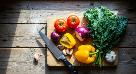 Vegetables on a cutting board with knife on a wooden backgroundの素材