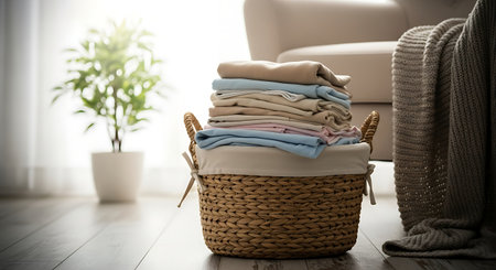 Wicker basket with clean clothes on floor at home, closeupの素材