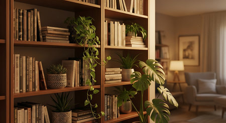 Bookshelf with plants in the living room. 3d renderingの素材