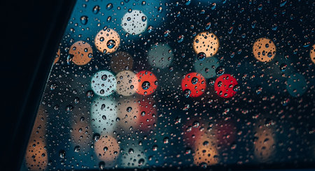 Rain drops on car glass with blurred bokeh light background.の素材