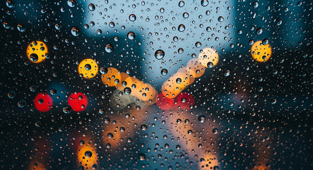 Drops of rain on the car glass with blur traffic light backgroundの素材