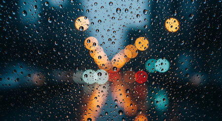 Rain drops on glass. Blurred image of traffic lights in the city.の素材