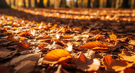 Autumn leaves on the ground in the forest. Autumn background.の素材