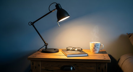 A cup of coffee on a wooden table with a book and a lampの素材