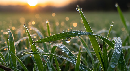 Fresh green grass with dew drops close up at sunrise. Nature backgroundの素材
