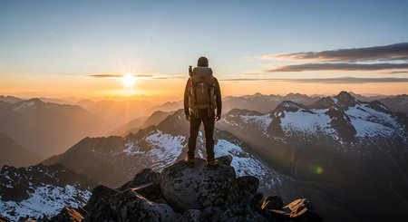 Hiker on the top of a mountain with a view of the sunsetの素材
