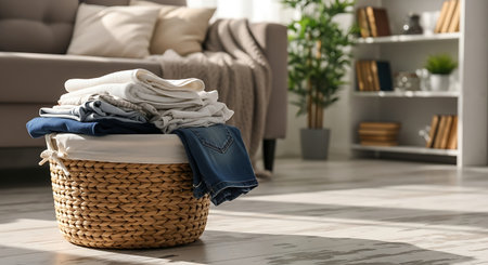 Wicker basket with clean clothes on floor in room, closeupの素材