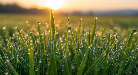 Morning dew on the green grass. Shallow depth of field.の素材