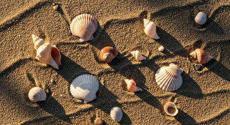Seashells on the sandy beach at sunset. Summer backgroundの素材