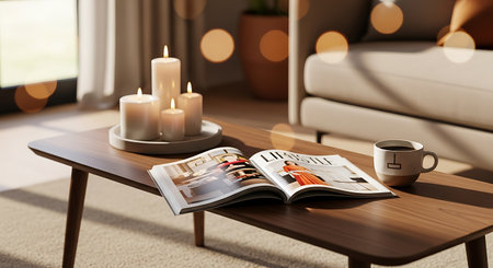 Cozy living room interior with coffee cup and magazine on wooden tableの素材