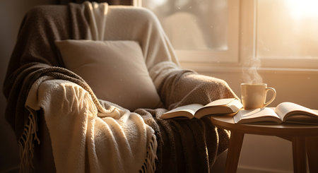 Cozy home interior with cup of coffee, book and blanket on the window sillの素材