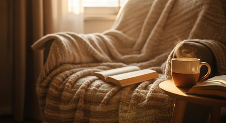Cup of tea with book on sofa in living room at homeの素材