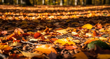 Autumn leaves on the ground in the forest. Selective focus.の素材