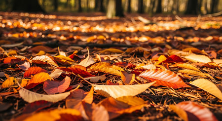 Autumn leaves on the ground in the forest. Selective focus.の素材