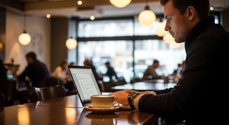 Young man using laptop and drinking coffee in cafe. Businessman working in cafe.の素材