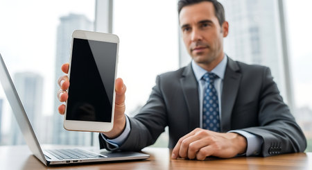selective focus of businessman showing smartphone with blank screen at workplace in officeの素材