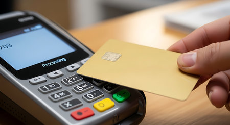 Payment terminal with credit card closeup. Cashless payment conceptの素材