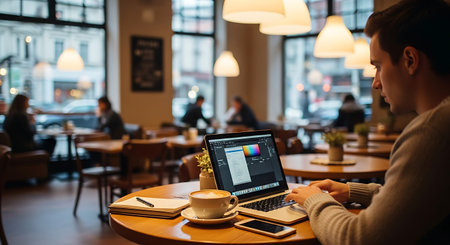 Young man working on a laptop in a coffee shop with a cup of coffeeの素材