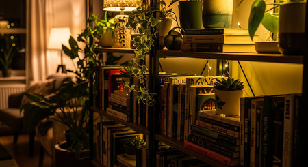 Bookshelf with books and plants in cozy living room at nightの素材