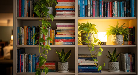 Bookshelves with books and plants in a cozy home library.の素材