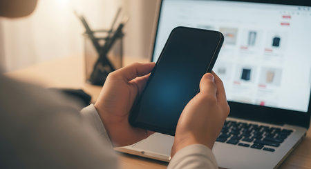 Cropped image of woman using smart phone with blank screen in officeの素材