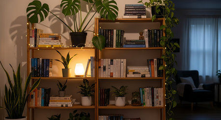Bookshelf with books and plants in modern living room at nightの素材